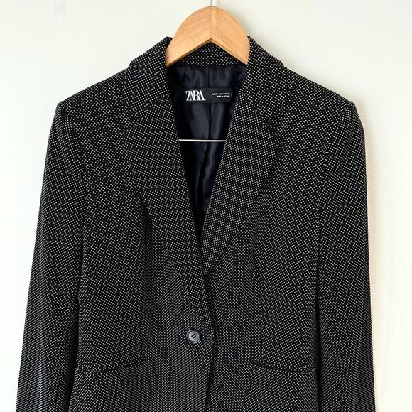 Zara Swiss Dot Classic Blazer Jacket Black Size 6 Preppy Formal Office Wear - Picture 2 of 9